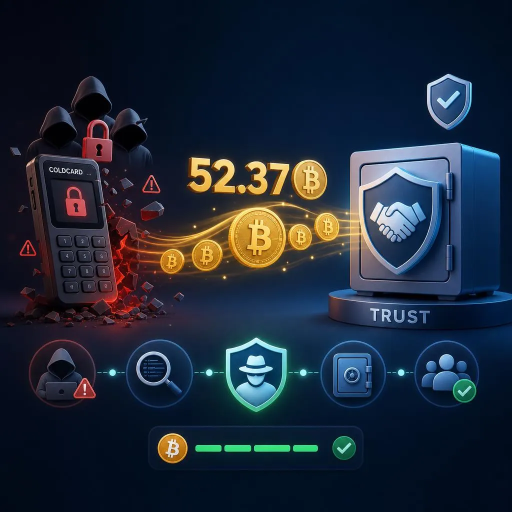 انتقال ۵۲ بیت‌کوین بازیابی‌شده از هک Coldcard به یک تراست