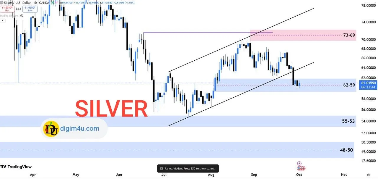 🥈 تحلیل جامع نقره (Silver/USD) - تست حمایت حیاتی 62-59 دلار در ساختار نزولی